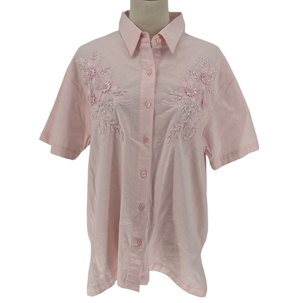 Fashion Classics Shirt Pink Floral Embroidered Beaded 100% Cotton Large‎